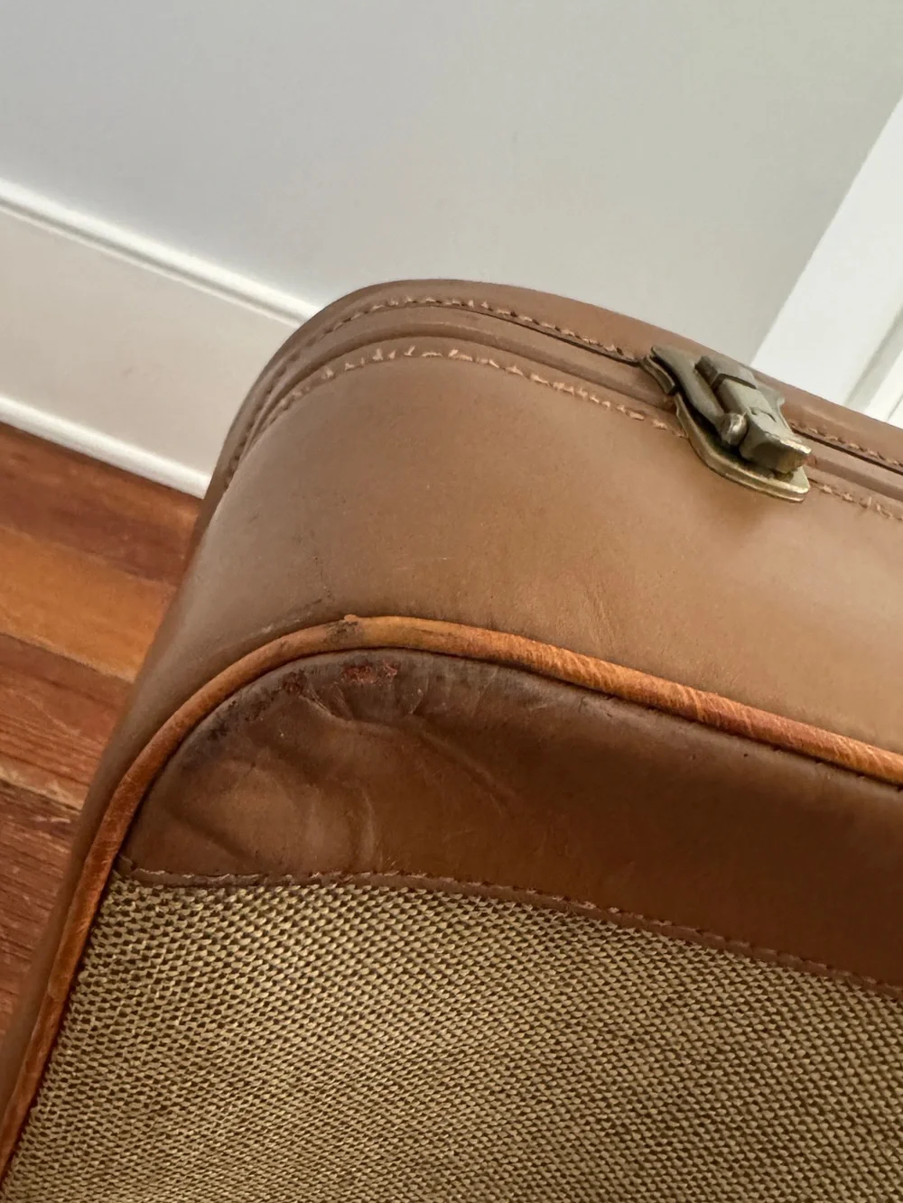 Vintage 60's Brooks Brothers Tan Leather Fabric Suitcase Luggage Combination